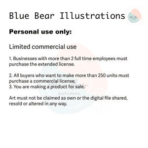May include: White background with the text "Blue Bear Illustrations" at the top. Below, it states "Personal use only:" and "Limited commercial use." Further text details commercial use limitations, including employee and unit count restrictions.
