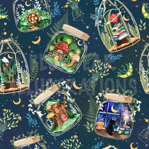 May include: A seamless pattern featuring whimsical illustrations of jars filled with miniature scenes. Each jar contains a different scene, including a mushroom house, a tree house, a library, and a cat sitting by a window. The jars are surrounded by stars, moons, and greenery, creating a magical and enchanting atmosphere.