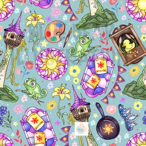 May include: A light blue seamless pattern featuring elements from a fairytale. The design includes a purple tower, yellow flowers, a green chameleon, a palette, and a frying pan with a sun design. The pattern also includes stained glass lanterns and a sun emblem.