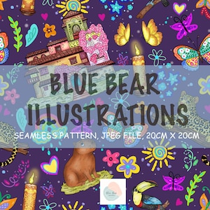 May include: Seamless pattern illustration with a purple background featuring colorful butterflies, flowers, candles, a toucan, and a building. The text "BLUE BEAR ILLUSTRATIONS" is overlaid on the image. The pattern is 20cm x 20cm.