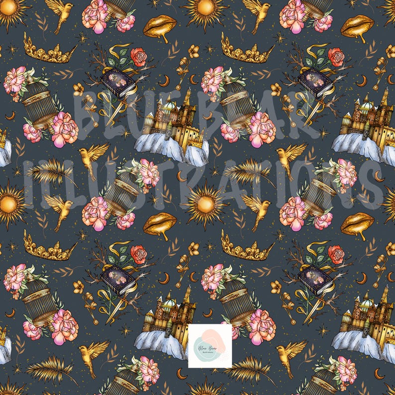 May include: Dark teal seamless pattern featuring illustrations of gold crowns, suns, birds, birdcages with pink flowers, castles, lips, and books. The text "BLUE BAR ILLUSTRATIONS" is visible in the image.