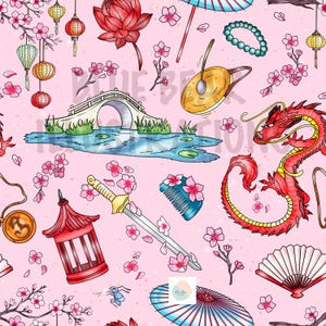 May include: A seamless pattern featuring Asian-inspired illustrations on a pink background. The design includes a red dragon, a bridge over water, cherry blossoms, lanterns, a sword, a fan, and other cultural elements.