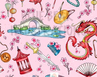 Mulan Seamless, Chinesische Krieger Prinzessin Muster, Disney Inspiriert, Prinzessin Muster Digital, Mushu Dragon, Digitales Papier
