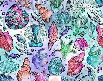 Nahtloses Muschelmuster, Designdatei für Kinderzimmer, Digitales Papier mit Pastellstrandmotiv, Stoffdesign mit maritimen Ozeanmotiven, Digitales Papier, Muschelkunst