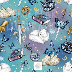 May include: A whimsical pattern featuring a white arctic fox, butterflies, books, swords, and a ring. The design includes gold accents and a blue and purple gradient background. The overall theme is fantasy and magic.