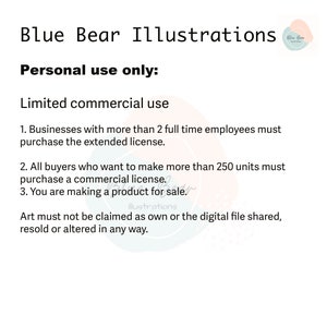 Op de afbeelding: Tekst op een witte achtergrond die de gebruiksvoorwaarden voor commercieel en persoonlijk gebruik van Blue Bear Illustrations beschrijft. De tekst stelt dat persoonlijk gebruik is toegestaan, maar beperkt commercieel gebruik is alleen toegestaan voor bedrijven met minder dan 2 fulltime werknemers of voor diegenen die minder dan 250 eenheden verkopen. De tekst stelt ook dat de kunst niet als origineel kan worden opge&euml;ist of doorverkocht of op enige manier gewijzigd.