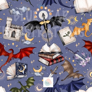 May include: A repeating pattern on a blue background featuring dragons, castles, books, moons, stars, and swords. The dragons are in various colours, including red, black, and green. The books are open, and the moons are crescent-shaped.