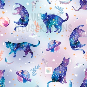 Puede incluir: Un patrón repetido con gatos espaciales con cascos de astronauta, planetas, estrellas y lunas. Los gatos están llenos de un diseño de galaxia en tonos de azul, morado y amarillo. El fondo es un degradado suave de rosa, azul y blanco.