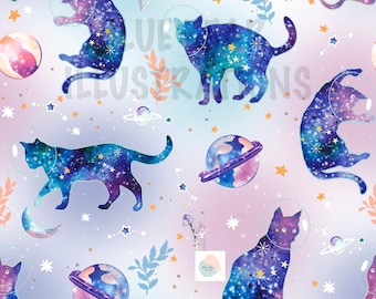 May include: A repeating pattern featuring space cats in astronaut helmets, planets, stars, and moons. The cats are filled with a galaxy design in shades of blue, purple, and yellow. The background is a soft gradient of pink, blue, and white.