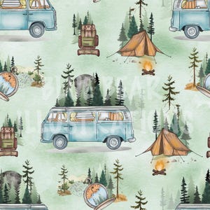 May include: A seamless pattern featuring a vintage blue camper van, a brown tent, a compass, and a backpack in a forest setting. The background is a light green color.