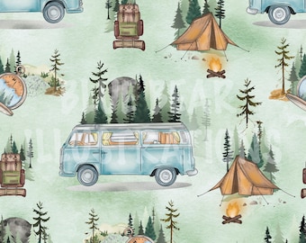 Camping Seamless Pattern, Vintage Camper Van, Cozy Tent, Campfire & Lake Life Clipart for Fabric, Scrapbook Digital Paper, Outdoor Fun