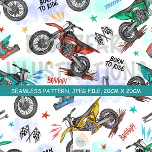 Può includere: Un motivo senza giunture con moto da cross colorate in rosso, giallo e verde, bandiere a scacchi, chiavi inglesi e stelle su sfondo bianco. Il testo riporta BORN TO RIDE e BRAAAP. Il file digitale misura 20 cm per 20 cm.