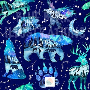 May include: A seamless pattern featuring various wildlife silhouettes, including a bear, wolf, deer, and eagle, filled with mountain and forest scenes. The design incorporates a starry night sky, crescent moons, and constellations in shades of blue and teal.