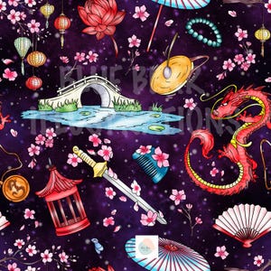 May include: A digital illustration featuring a repeating pattern of Asian-inspired elements. The design includes a red dragon, cherry blossoms, a bridge, lanterns, a sword, and a fan, all set against a dark purple background.