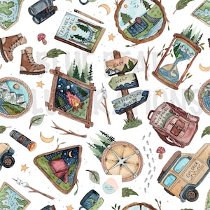 Puede incluir: Un patrón sin costuras con ilustraciones en acuarela de elementos de camping y viaje. Incluye una brújula, una fogata, una mochila, un diario de viaje, un letrero, una tienda de campaña, un coche y botas de montaña. El texto "TRAVEL JOURNEL" y "ADVENTURE AWAITS" son visibles.