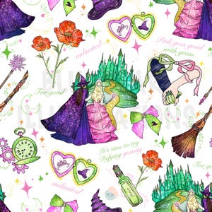 May include: A seamless pattern featuring a whimsical mix of green and pink elements.  The pattern includes a green castle, a witch and a princess, a potion bottle, a broom, a clock, a heart-shaped locket, and a poppy flower. The text "For good", "Pink goes good with green", "unlimited", "It's time to try Defying gravity", and "Potion" are included in the pattern.