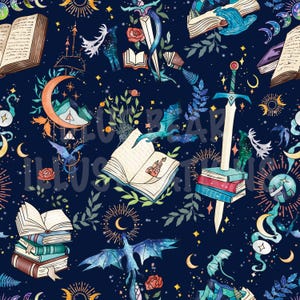 Pode incluir: Padrão sem costura azul escuro com elementos de fantasia. Dragões, livros abertos, espadas, luas, estrelas e rosas estão espalhados pelo design. A ilustração tem um tema caprichoso e mágico com um estilo aquarela.