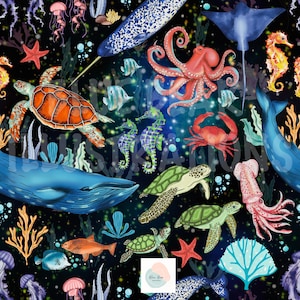 May include: A vibrant illustration featuring various marine life against a dark blue background. The design includes a sea turtle, octopus, seahorses, fish, whales, and a stingray. The artwork has a whimsical, underwater theme.