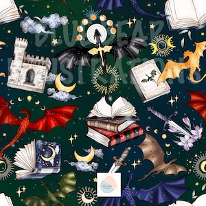 May include: A seamless pattern featuring dragons, castles, books, moons, and stars on a dark green background. The design includes dragons with red, gold, and black wings, open books, and a white castle. The overall theme is fantasy.