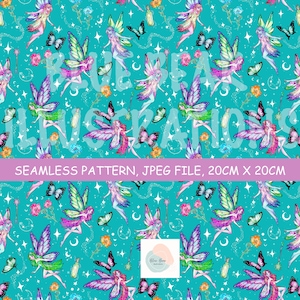 May include: Seamless pattern featuring fairies with colorful wings, butterflies, flowers, and stars on a teal background. The text "BLUE BEAR ILLUSTRATIONS" is overlaid on the image. The text "SEAMLESS PATTERN, JPEG FILE, 20CM X 20CM" is also present.