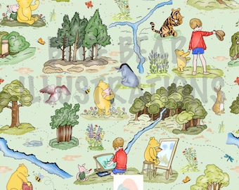 May include: A colourful illustration of Winnie the Pooh and friends set in a light green forest. The image includes Pooh, Piglet, Tigger, and Eeyore, along with trees, a river, and butterflies. The text "Blue Bear Illustrations" is also present.