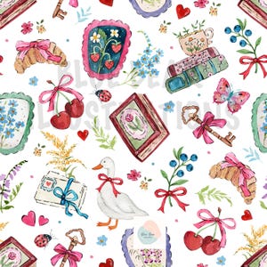 May include: A whimsical watercolour pattern with a white duck, cherries, croissants, keys, and a butterfly. The design includes hearts, ladybugs, and floral elements on a white background. The text "Blue Bear Creations" is visible.