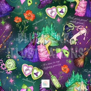 May include: A seamless pattern featuring a whimsical mix of green and pink elements.  The pattern includes a castle, a witch, a princess, a potion bottle, a broom, a poppy flower, a locket, and the text "For good", "Pink goes good with green", "unlimited", and "It's time to try Defying gravity".