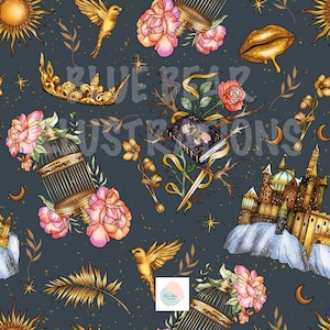 Puede incluir: Patrón sin costuras de color verde azulado oscuro con pájaros dorados, coronas y castillos. Flores rosas y melocotón, un libro y una espada también están presentes. El diseño incluye un sol, estrellas y lunas crecientes.