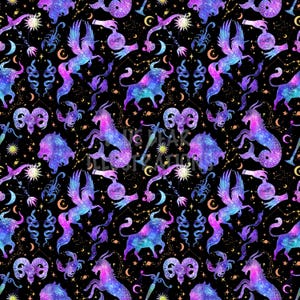 May include: A seamless pattern featuring the twelve zodiac signs, each depicted as a celestial creature with a galaxy-like design. The background is black with gold stars and constellations.