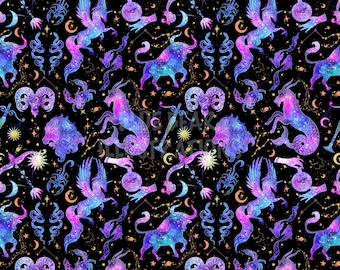 Zodiac Seamless Pattern, Cosmos Nebula Art, Celestial Wallpaper, Zodiacs PNG, Astrology, Digital Fabric Design, star sign PNG