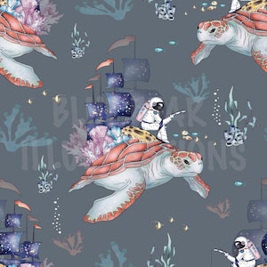 May include: A whimsical illustration of an astronaut riding a sea turtle with a starry sail boat. The background is a dark blue with coral and fish.