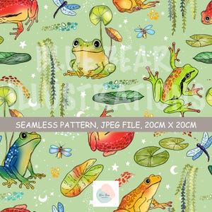 May include: A seamless pattern featuring various frogs, dragonflies, and lily pads on a light green background. The design includes text reading SEAMLESS PATTERN, JPEG FILE, 20CM X 20CM and BLUE BEAR ILLUSTRATIONS. Small white stars and crescent moons are scattered throughout.