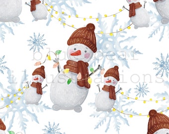 Motivo natalizio senza soluzione di continuità, stampa senza soluzione di continuità con pupazzo di neve, fiocchi di neve, paesaggio invernale incantato, carta digitale, tessuto per bambini