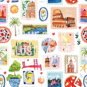 Op de afbeelding: Een aquarel-illustratie van verschillende reisbestemmingen over de hele wereld. De illustratie toont bezienswaardigheden, eten en andere iconische symbolen uit verschillende landen. De illustratie is in vintage stijl, met een witte achtergrond en kleurrijke postzegels.