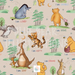 Op de afbeelding: Een beige achtergrond met een herhalend patroon van verschillende dieren en bomen. De dieren omvatten een ​​tijger, een kangoeroe, een ezel, een beer, een uil, een konijn en een varken. Onder elk dier staat een zin, zoals "Ik ben slim" of "Ik ben dapper".