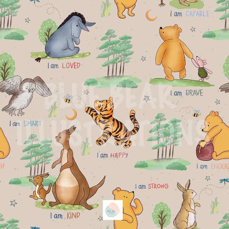 May include: A beige background with a repeating pattern of various animals and trees. The animals include a tiger, a kangaroo, a donkey, a bear, an owl, a rabbit, and a pig. Each animal has a phrase written below it, such as "I am smart" or "I am brave".