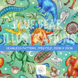 May include: Seamless pattern featuring colorful dinosaurs, including a blue Stegosaurus, green Triceratops, and orange Pterodactyl, with the text "ROAR!". The pattern is 20cm x 20cm.