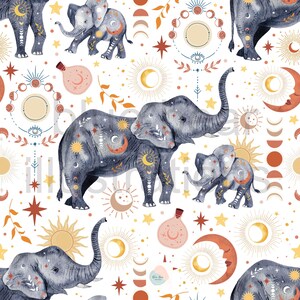 Elephant seamless pattern, Celestial elephant seamless, Elephant Mother seamless, Celestial pattern, boho seamless pattern