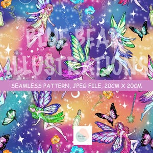 May include: Seamless pattern featuring fairies, butterflies, flowers, and stars in a vibrant, colorful design. The image includes text that reads "BLUE BE ILLUSTRATIONS" and "SEAMLESS PATTERN, JPEG FILE, 20CM X 20CM". The design is set against a gradient background.
