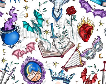 Wzór bezszwowy ACOTAR, czarodziej bezszwowo, smoki, Velaris, wydruk cyfrowy, Trony i róże, magiczny świat, papier cyfrowy