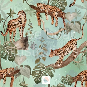Dschungel nahtlose Muster, Aquarell Gepard nahtlose Muster, handgemalte Leopardenmuster, tropische Wandkunst, Tier, Dschungel-Dekor