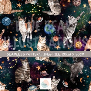 May include: A seamless digital pattern featuring various cats in a dark space background with planets, stars, and constellations. The design includes text reading BLUE BEAR ILLUSTRATIONS and SEAMLESS PATTERN, JPEG FILE, 20CM X 20CM.