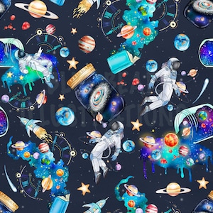 May include: A seamless pattern featuring a dark blue background with a variety of space-themed elements, including astronauts, planets, stars, and jars filled with galaxies. The pattern is perfect for fabric, wallpaper, or other creative projects.