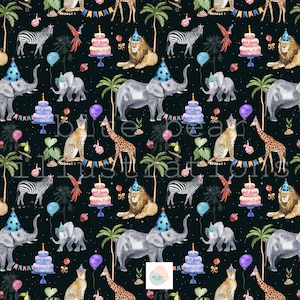 Birthday Jungle Seamless Pattern – Tropical Forest & Zoo Animals, Cake Pops, Wrapping Paper, Wild Animal Party Decor, Digital Download