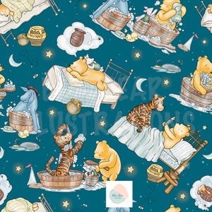 May include: A teal blue background with a repeating pattern of Winnie the Pooh and his friends taking a bath. The characters include Winnie the Pooh, Piglet, Tigger, and Eeyore. The pattern is ideal for fabric, wallpaper, or wrapping paper.