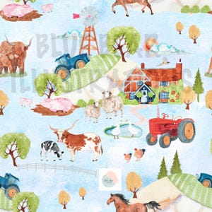Gårdsdjur sömlösa mönster, scen sömlös, akvarell barnrum, traktor, gås, höglandsko, landsbygd,