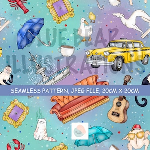 Puede incluir: Un patrón continuo con ilustraciones de un taxi amarillo, un sofá naranja, una guitarra, un paraguas azul, una fuente, un gato blanco, un pato, una langosta y un marco dorado sobre fondo turquesa con el texto SEAMLESS PATTERN, JPEG FILE, 20CM X 20CM.