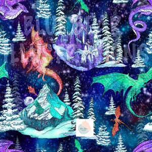 May include: A fantasy illustration with dragons, snow-covered fir trees, and a castle set against a dark blue starry backdrop. Dragons in red, green, and purple are scattered throughout the design. The overall theme is a winter wonderland.