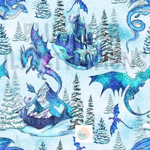 May include: A whimsical pattern featuring dragons, castles, and snowy mountains. The dragons have blue and purple wings and bodies. The background is a light blue with falling snow and evergreen trees. A fantasy-themed design.