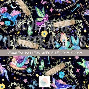 May include: A seamless pattern featuring illustrations of unicorns, mermaids, fairies, and whales inside glass jars on a black background with stars. The design includes text reading BLUE BEAR ILLUSTRATIONS and SEAMLESS PATTERN, JPEG FILE, 20CM X 20CM.